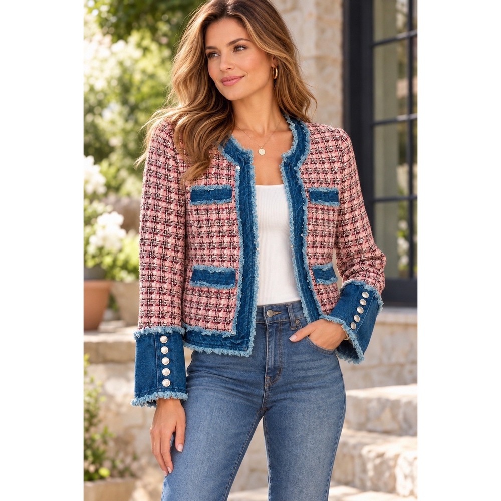 Nanette Lepore Pink Tweed Blazer Jacket w/ Fringe Denim Trims Size M